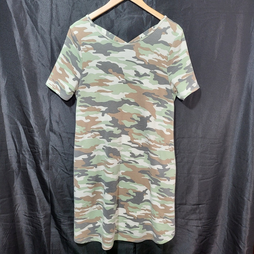 First Look Womens XL Camo Print Short Sleeve Crisscross Back T-Shirt Dress Green